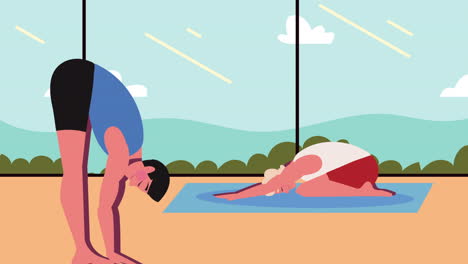 dos personas practicando posturas de yoga en una habitación con una vista.