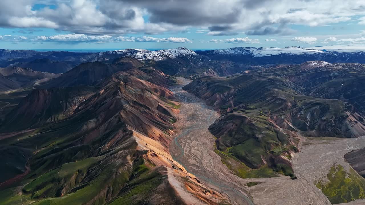Aerial view of Iceland’s colourful rhyolite mountains and winding river valley, showcasing layered slopes, summer light and dramatic highland scenery