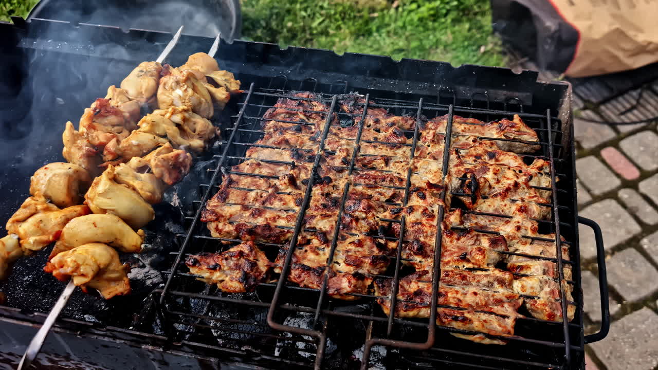 Pork chicken bbq skewers cooking roasting on charcoal grill outdoor food