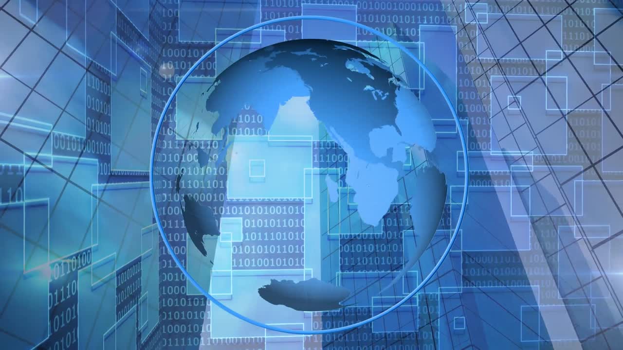 사각형 모양과 이진 코딩 데이터 처리에 대항하여 회전하는 지구의 디지털 애니메이션