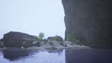 rocky coastline by calm water with greenery under hazy sky in tranquil setting
