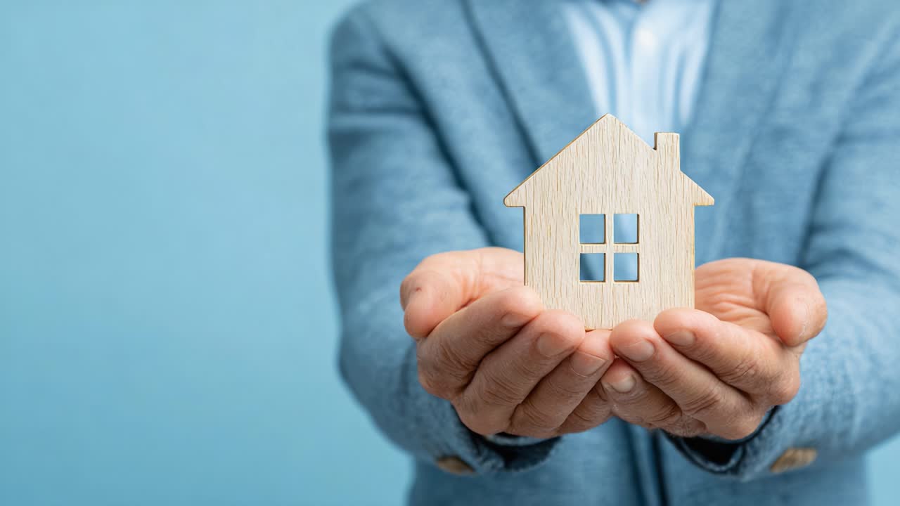 Una persona che tiene un modello in legno di una casa tra le mani, su uno sfondo blu tenue, a simboleggiare la proprietà della casa e i concetti immobiliari.