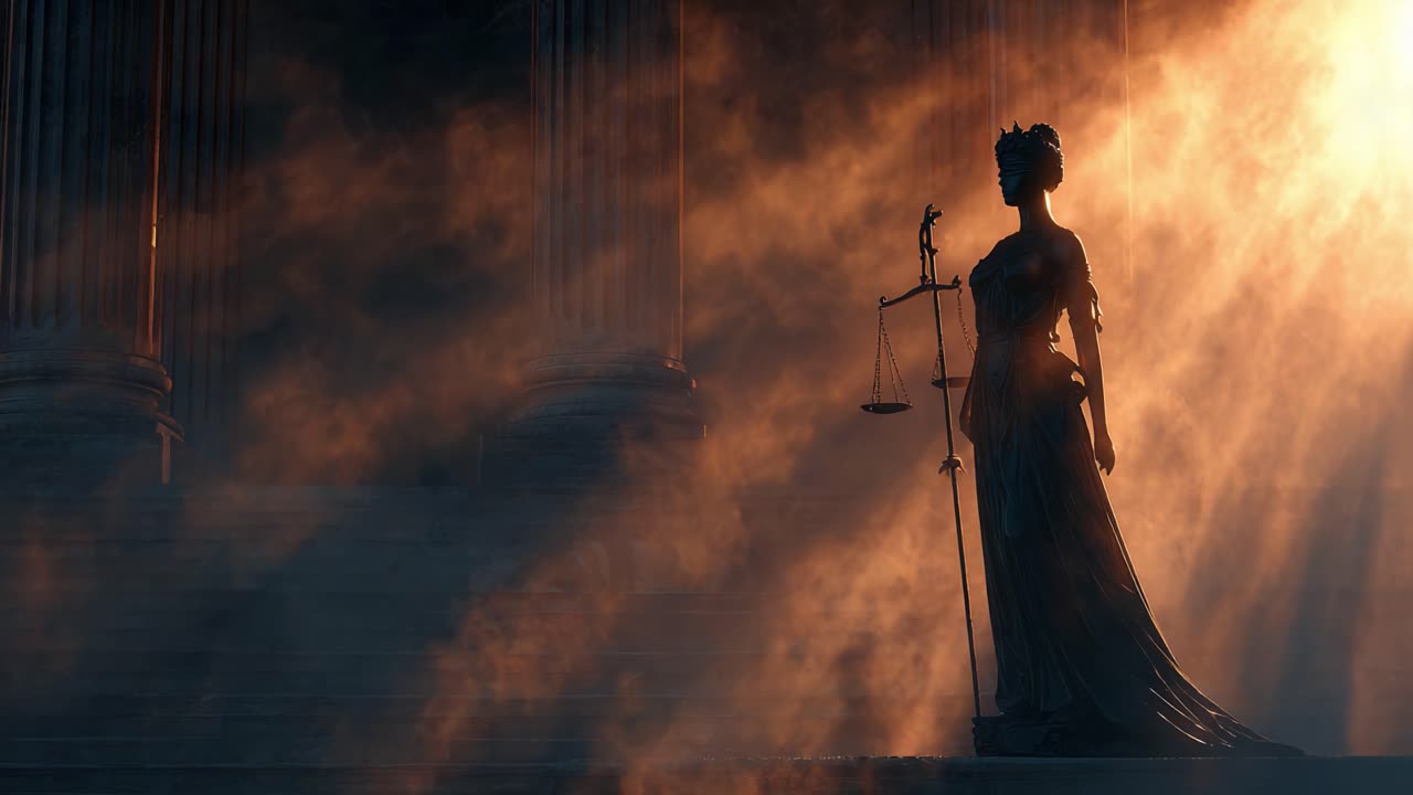 A Majestic Representation of Justice: An Enigmatic Statue Shrouded in Ethereal Light, Capturing the Symbolism of Fairness, Integrity, and Truth in a Dramatic Setting