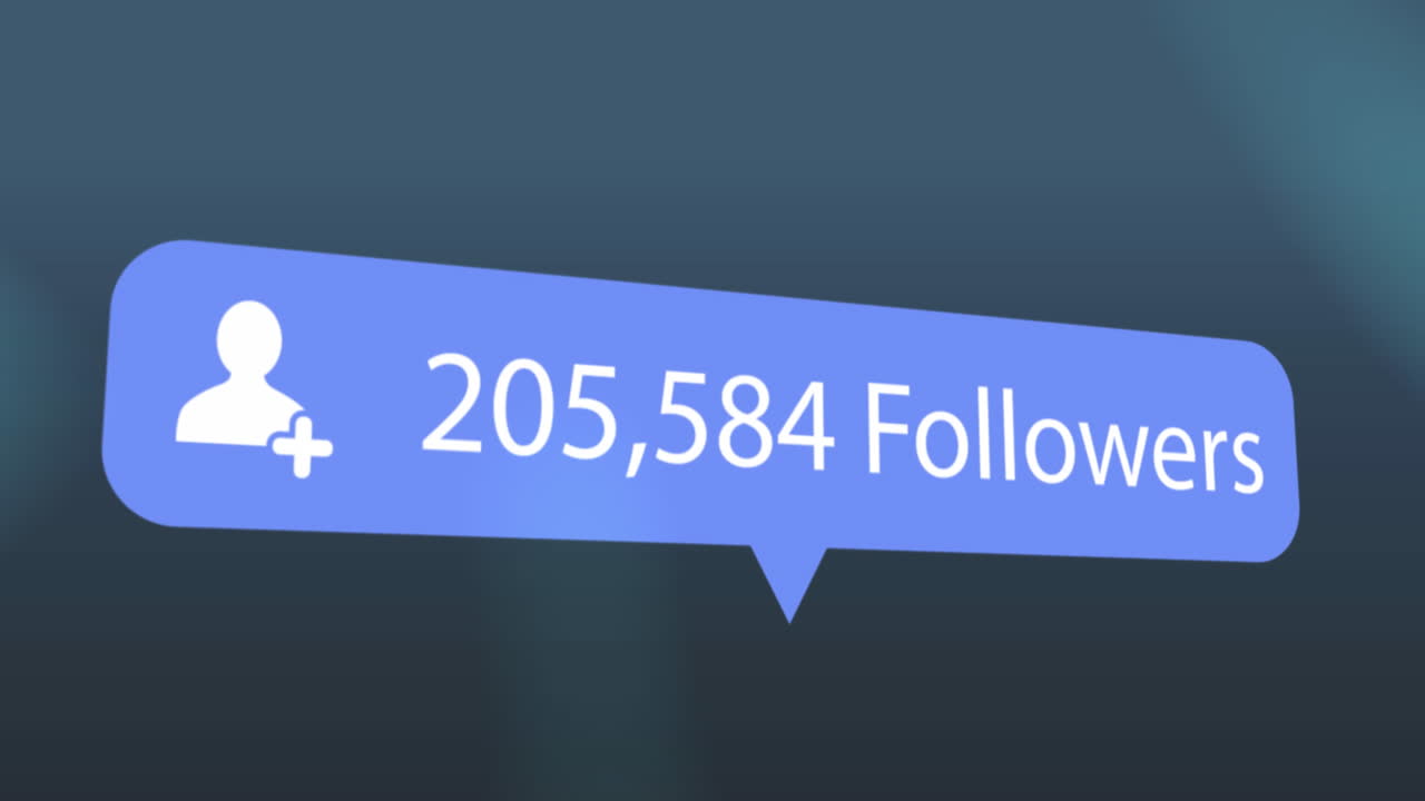 Animation of profile icon with increasing followers on speech bubble on blue gradient background