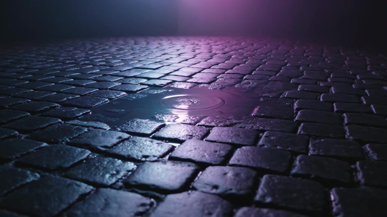 Rippling wet cobbles on set showing puddle rings over drain after impact, catching teal pink glow