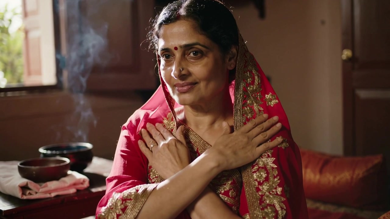 Donna sorridente in sari rosso, che reagisce alla luce della finestra e al fumo dell'incenso a casa, mentre liscia il pallu.