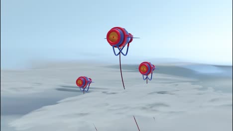 formas abstractas como turbinas que giran y levitan en el cielo, bucle sin costuras. diseño. tres objetos con cuchillas giratorias que se elevan por encima de las nubes con cables colgantes