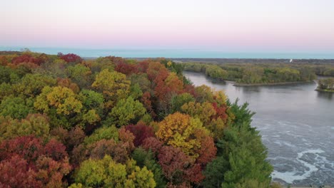 gorgeous autumn drone clip of eagle cliff overlook in starved rock state park in illinois