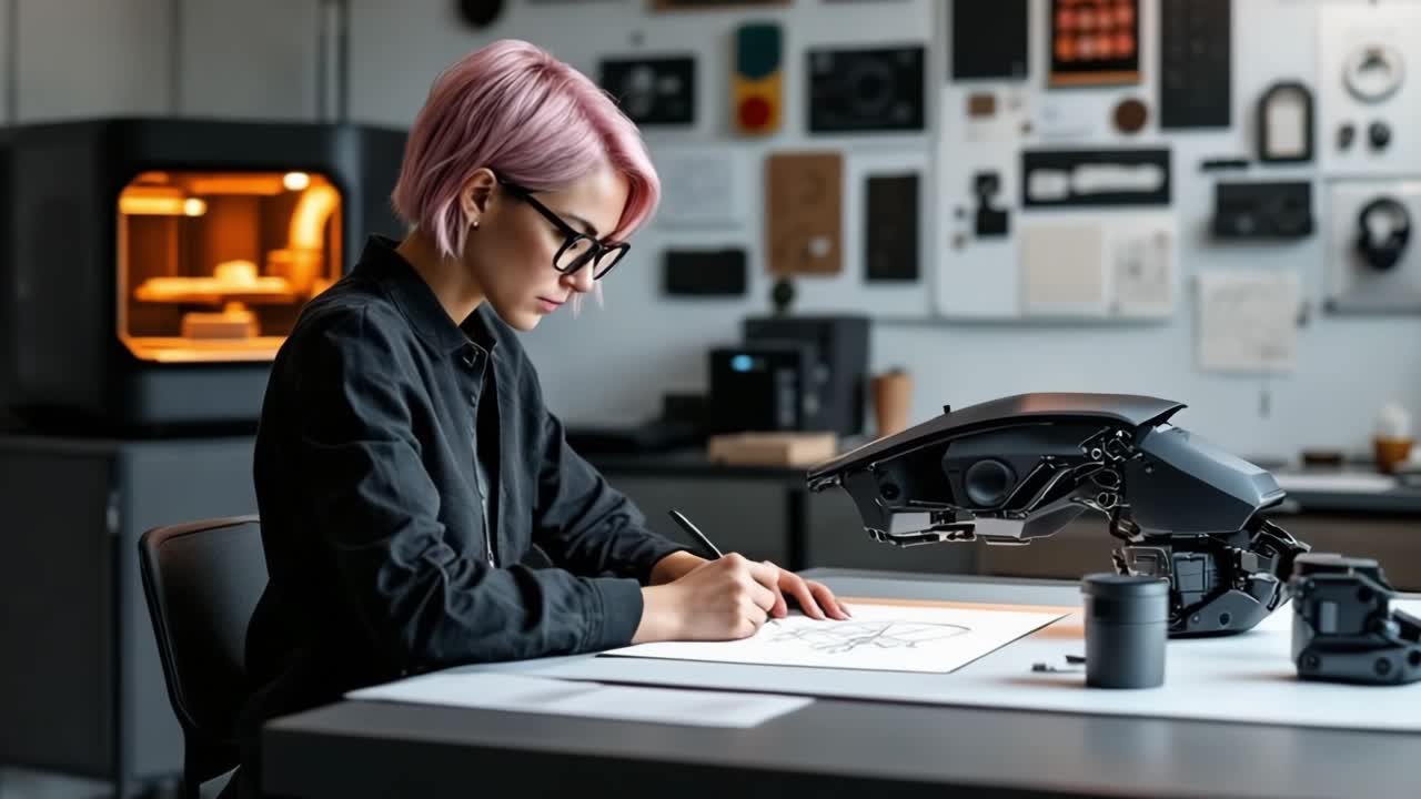 Female designer with pink hair is focused on sketching design concepts in a modern workspace, surrounded by advanced technology and creative tools, showcasing innovation and artistic expression