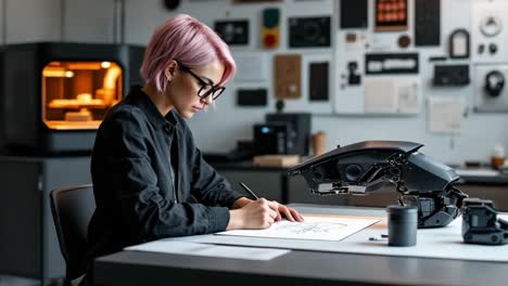female designer with pink hair is focused on sketching design concepts in a modern workspace, surrounded by advanced technology and creative tools, showcasing innovation and artistic expression