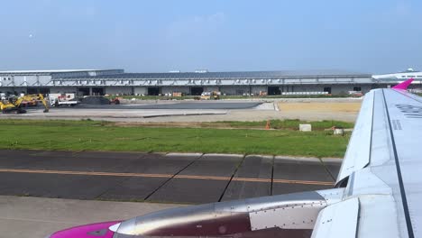 airplane takes off at sunny airport, excitement and adventure ahead