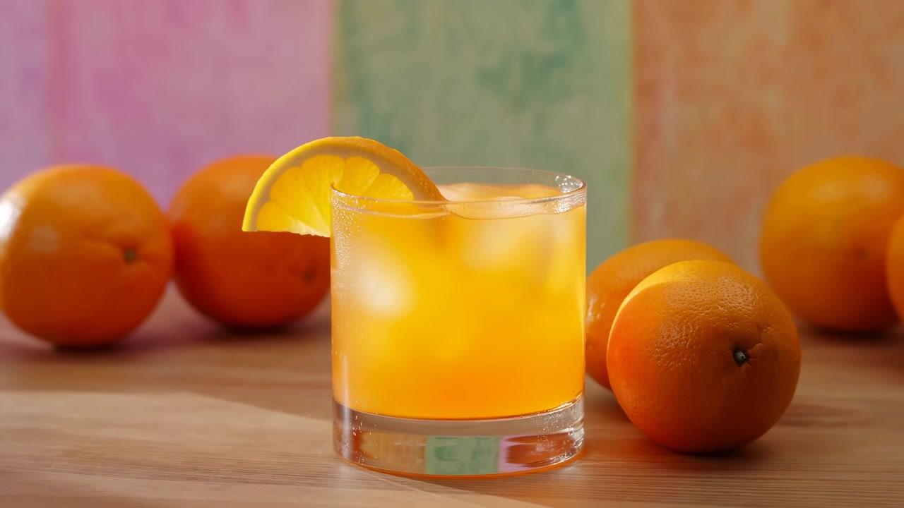 Bicchiere trasparente riempito con una bevanda arancione brillante e ghiaccio, rimane centrato accanto ad arance fresche intere, con una guarnizione di agrumi sul bordo e uno sfondo pastello leggermente sfocato.