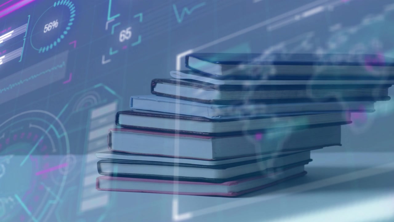 On activation HUD appearing left of notebook stack, panels sliding, metrics rising, showing data