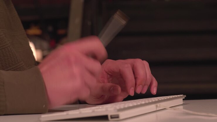 Nahaufnahme von Händen, die auf einer weißen Tastatur tippen, Stift halten, konzentrierte Arbeit.