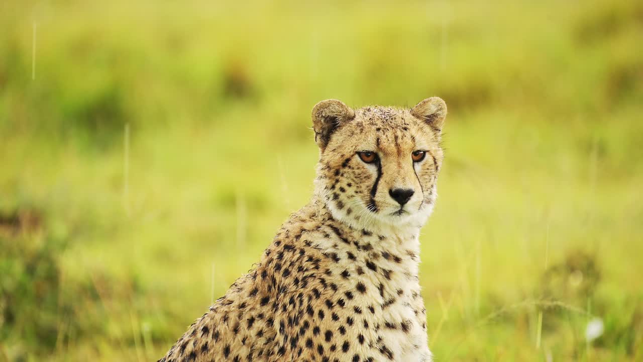 cámara lenta de animales de guepardo en la lluvia, lloviendo en la temporada de lluvias, húmedo retrato de la cara del animal en masai mara, áfrica en un safari de vida silvestre africana en masai mara, kenia en una lluvia torrencial