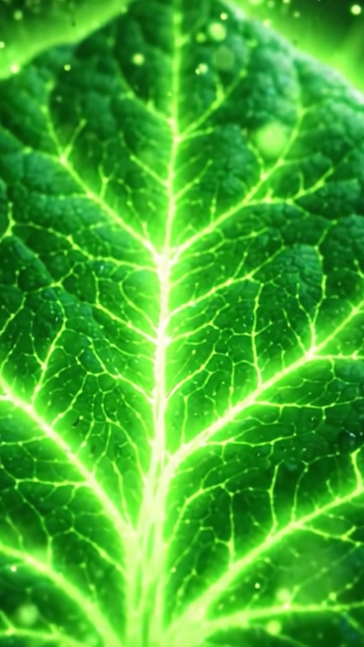 Primer plano de hoja verde radiante mostrando intrincados patrones de venas y un brillo bioluminiscente, capturando la esencia de la belleza y la vida de la naturaleza