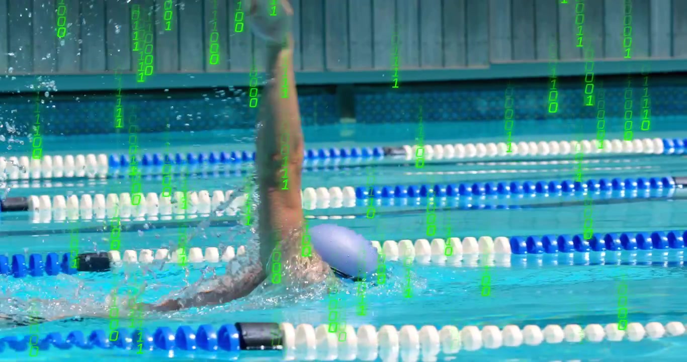adult male swimmer doing backstroke arm starting stroke for fitness, green digits overlaying