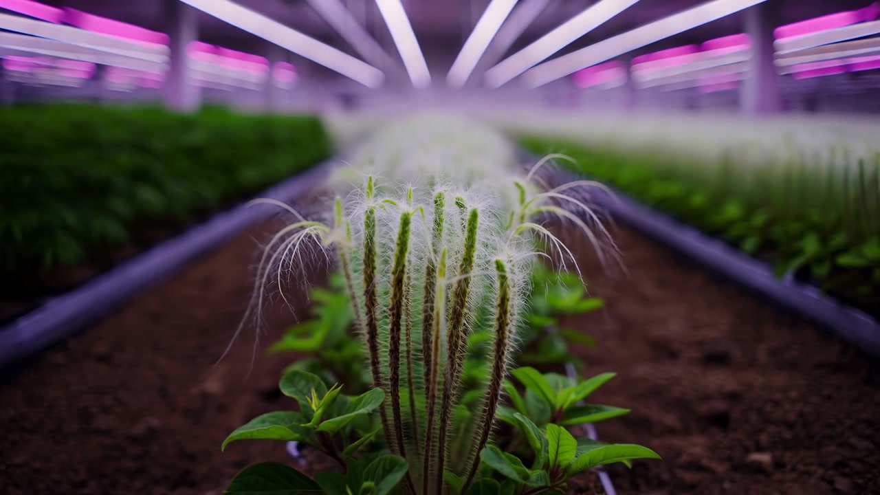 File di piante che crescono sotto illuminazione artificiale in un ambiente controllato con vista laterale dell'allestimento e colori verde, marrone, viola e bianco, atmosfera produttiva e controllata.