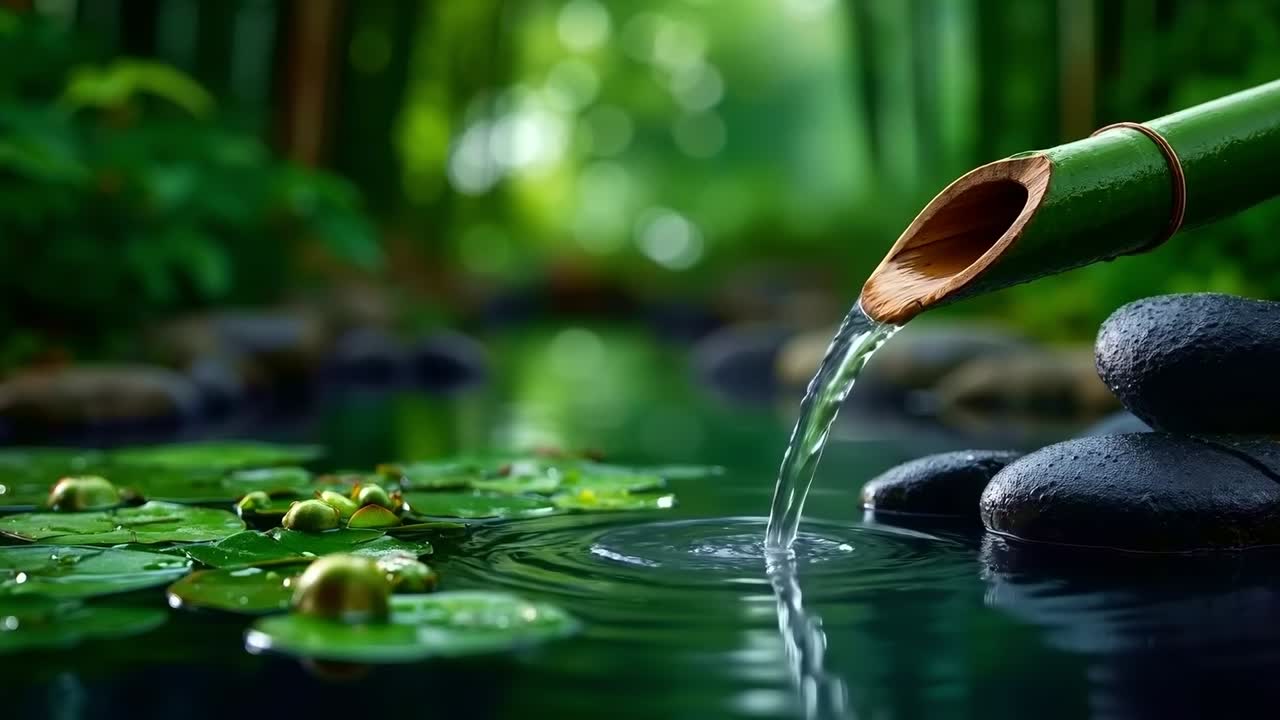 A bamboo stick pouring water into a pond filled with rocks and water lilies