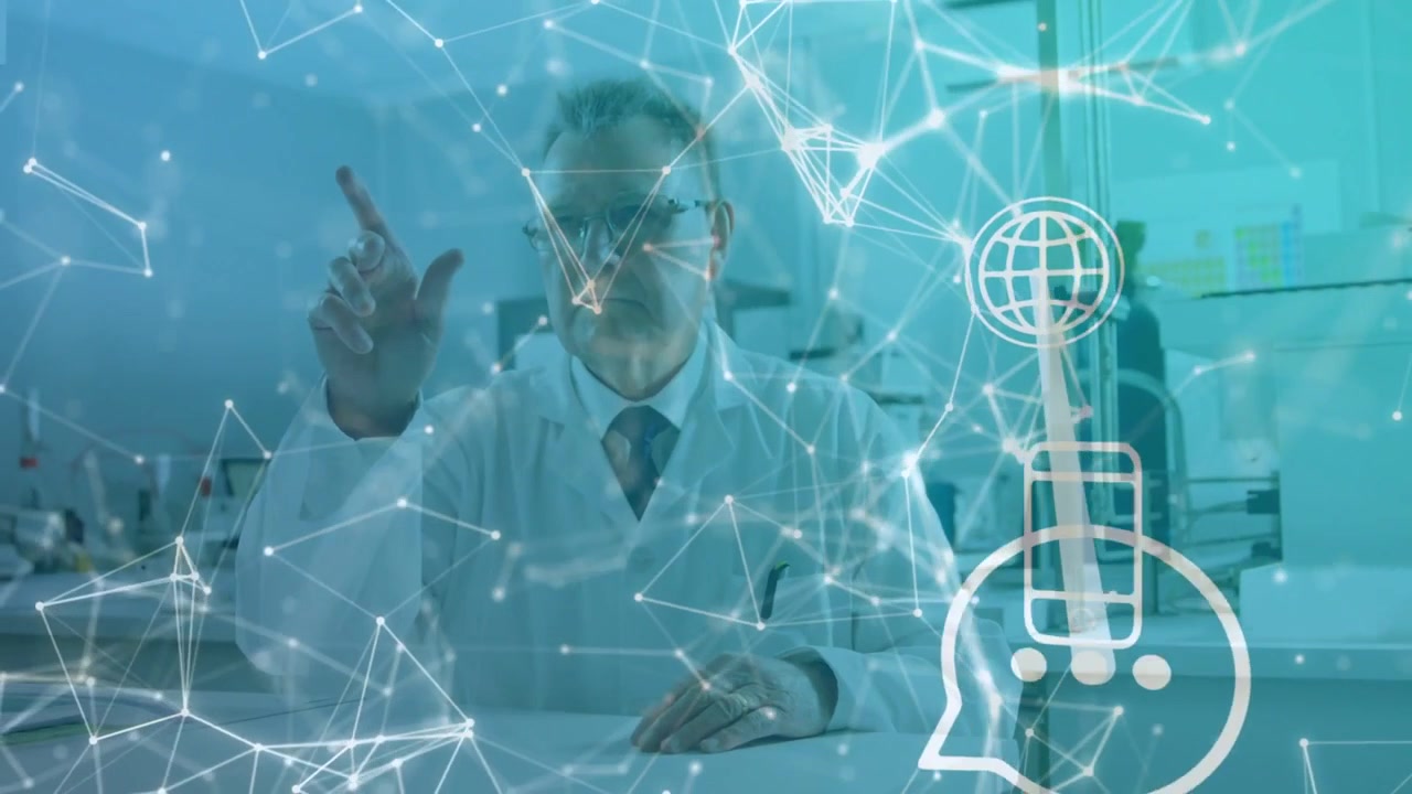 Cientista sênior em laboratório, levantando o dedo e ativando sobreposição de rede mapeando telefone, links globais.