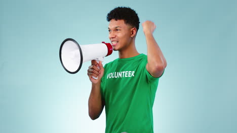 Volunteer-man,-megaphone-protest