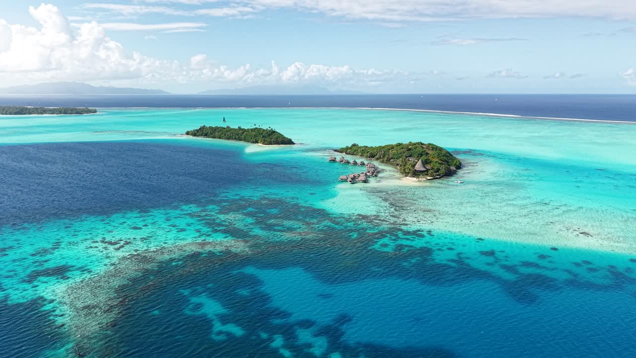 Bora Bora Lagoon. Drone Shot of Coral Reefs and Small Islands With Luxury Overwater Resort, French Polynesia