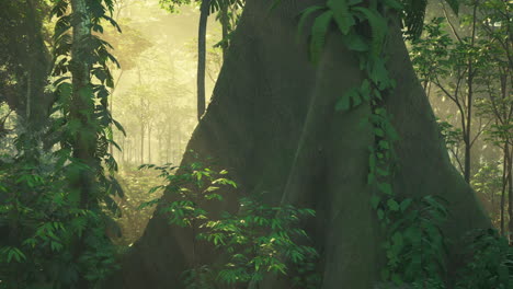 sunlight filtering through the dense rainforest canopy