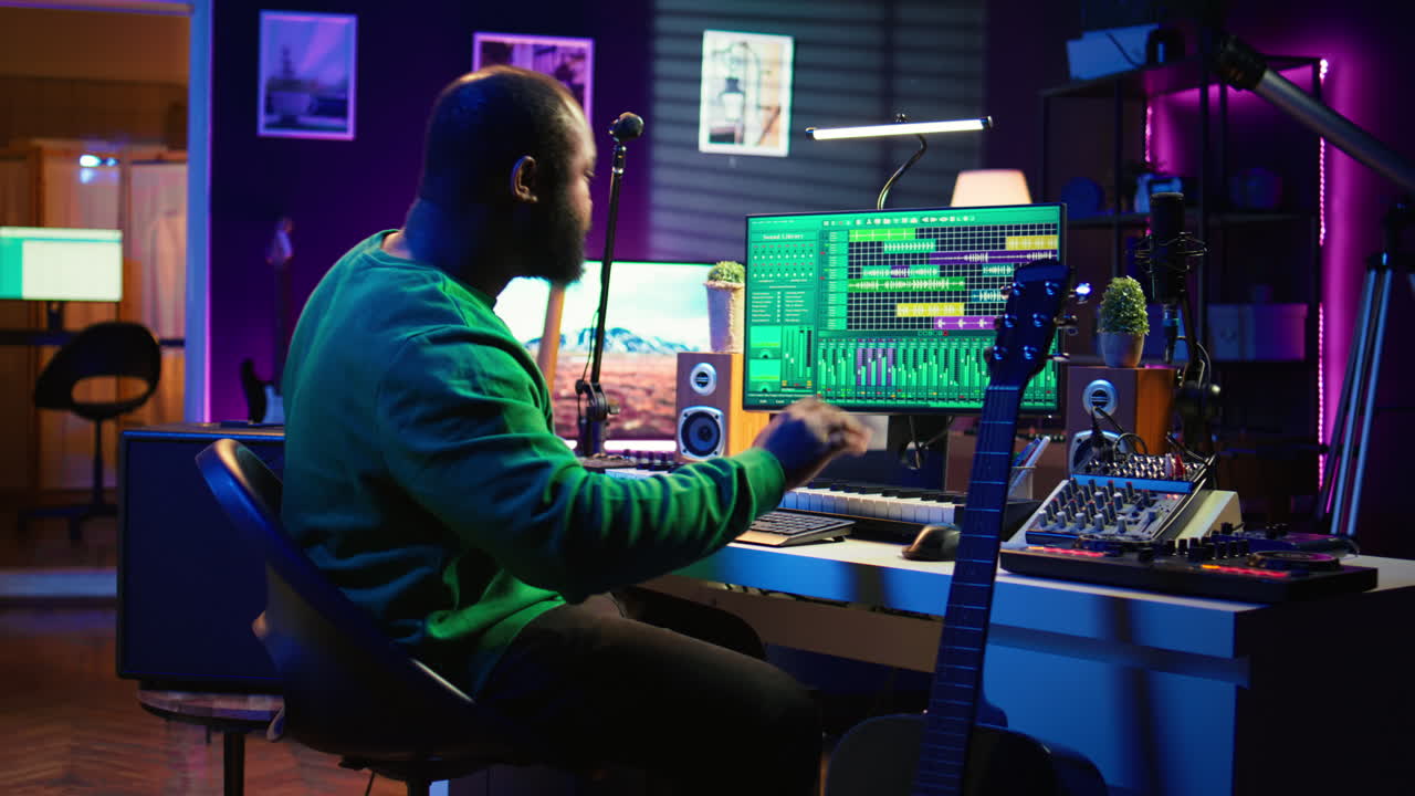 Musical producer prepares to record tunes on acoustic instrument