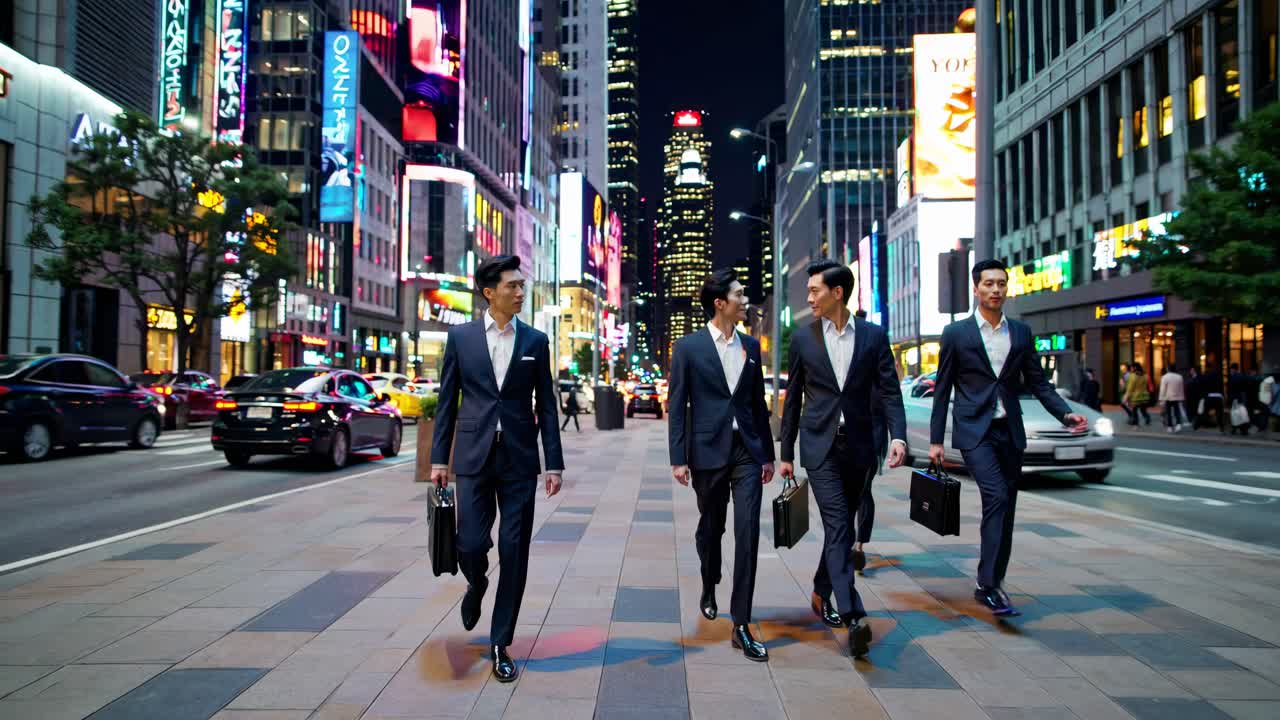 Dynamic low-angle video shot of four businessmen walking confidently on a vibrant city street