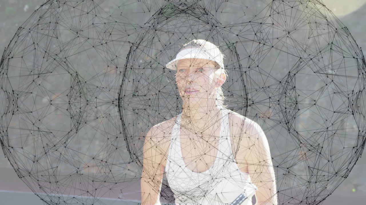 female tennis player swinging racket on court using network overlay visualizing sports analytics