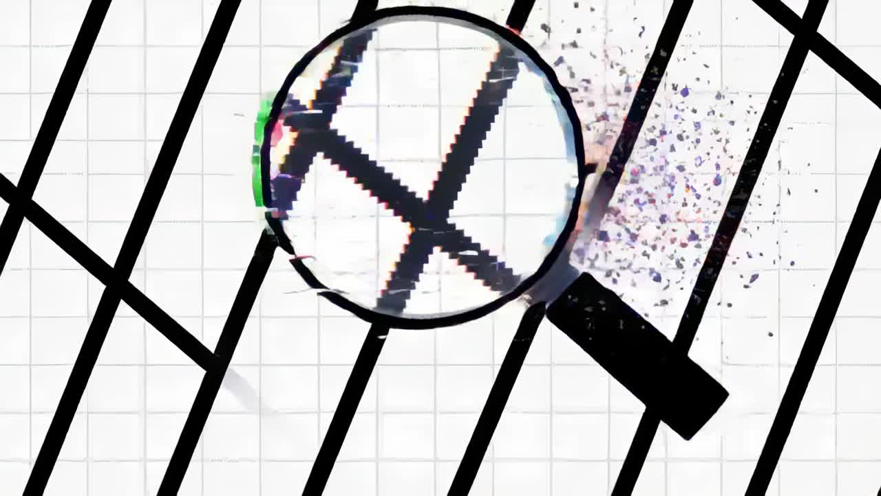 On play, sliding black-rim magnifier moving down-right across grid, revealing pixel artifacts