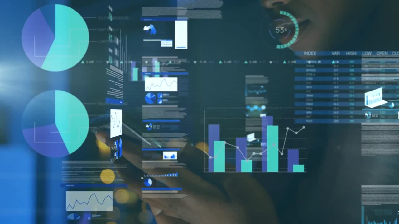 Animation of statistics and data processing over african american woman using smartphone