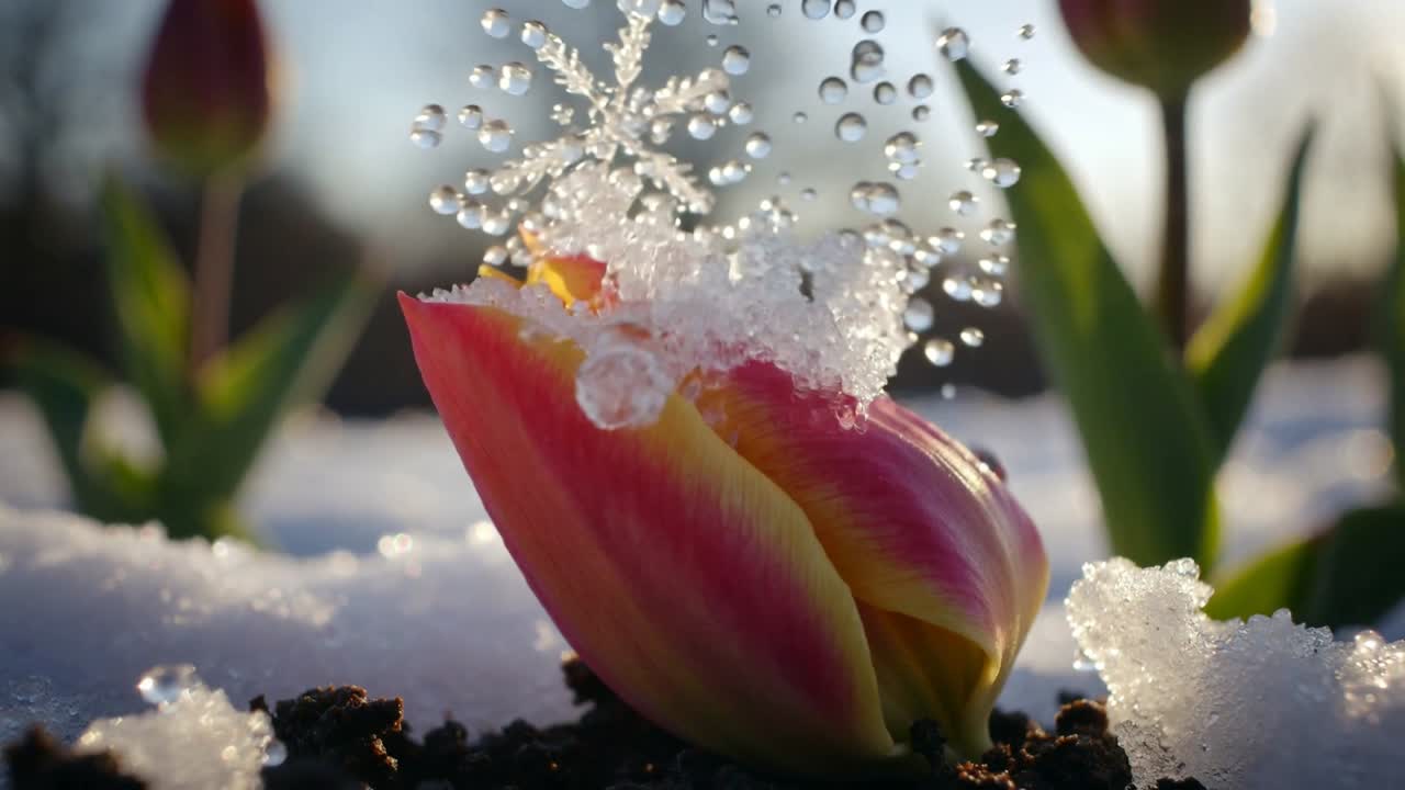 Schmelzende rosa-gelbe Tulpenknospe, die Tropfen abwirft, während eine Schneeflocke im Garten von der wärmenden Sonne schmilzt.