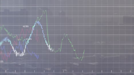 Animation-of-grid-pattern-over-graphs-with-numbers-against-foggy-view-of-buildings-in-background