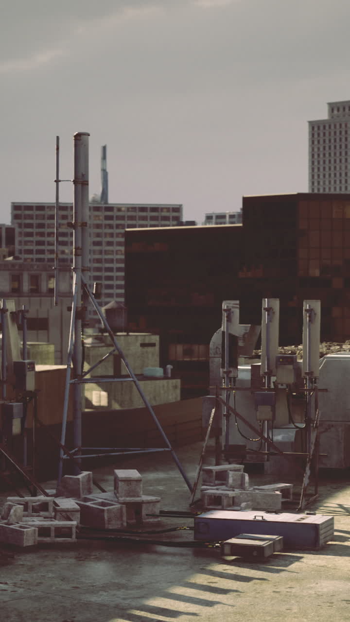 City rooftop view showcasing buildings and ventilation systems in evening light