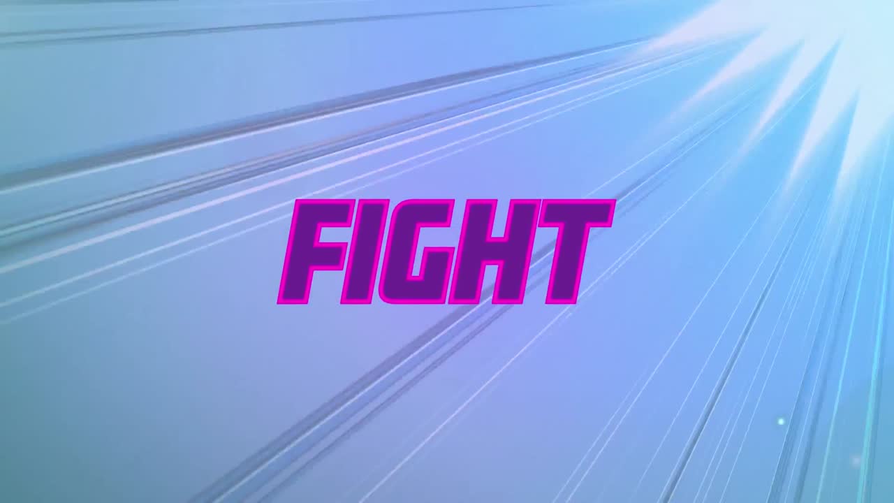 파란색 배경에 있는 루핑 라인과 렌즈 플레어 위의 전투 텍스트의 애니메이션