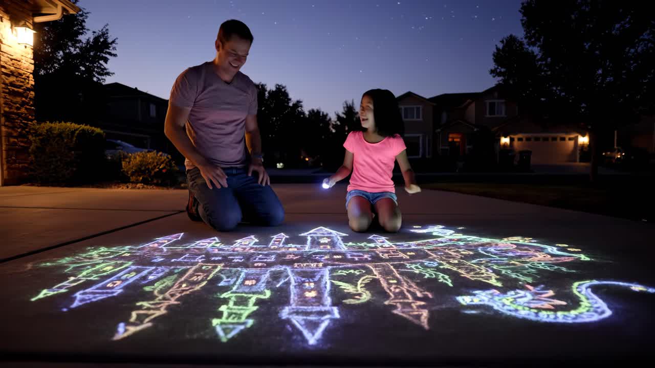 Father and Daughter Create Illuminated Chalk Art on Driveway at Night