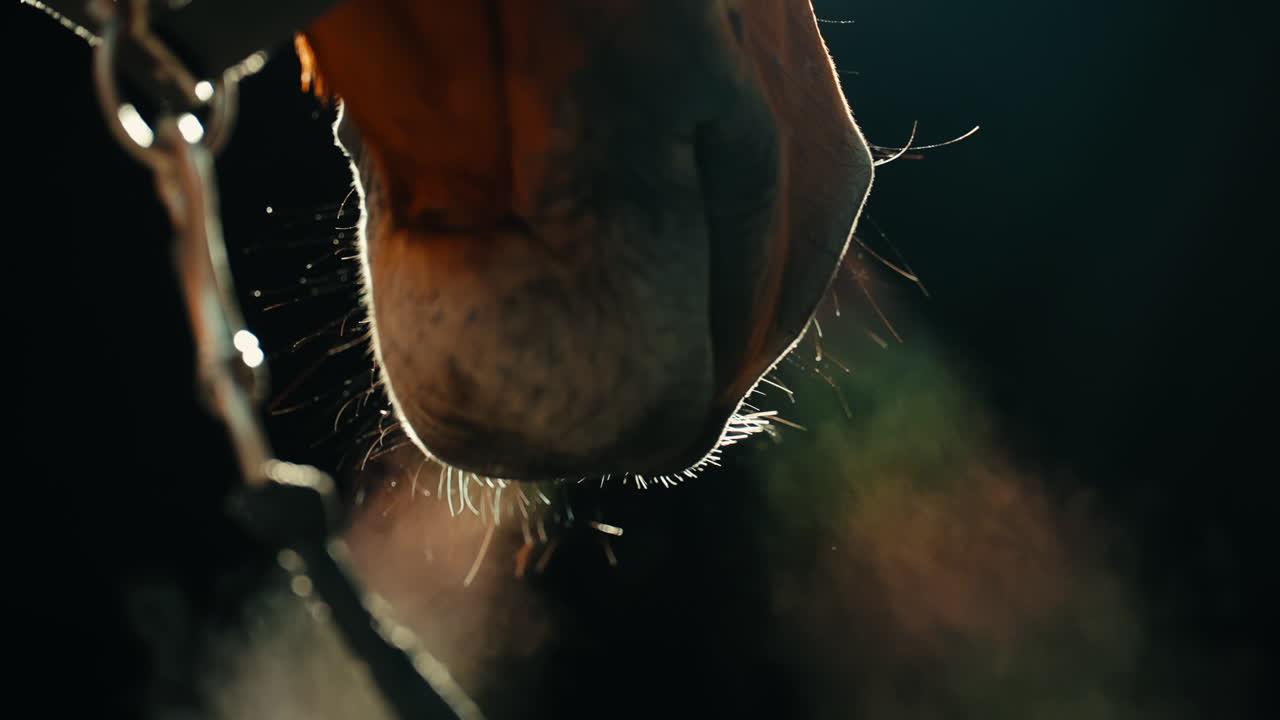 movimiento lento medio primer plano de un caballo respirando en un fondo oscuro, aliento visible