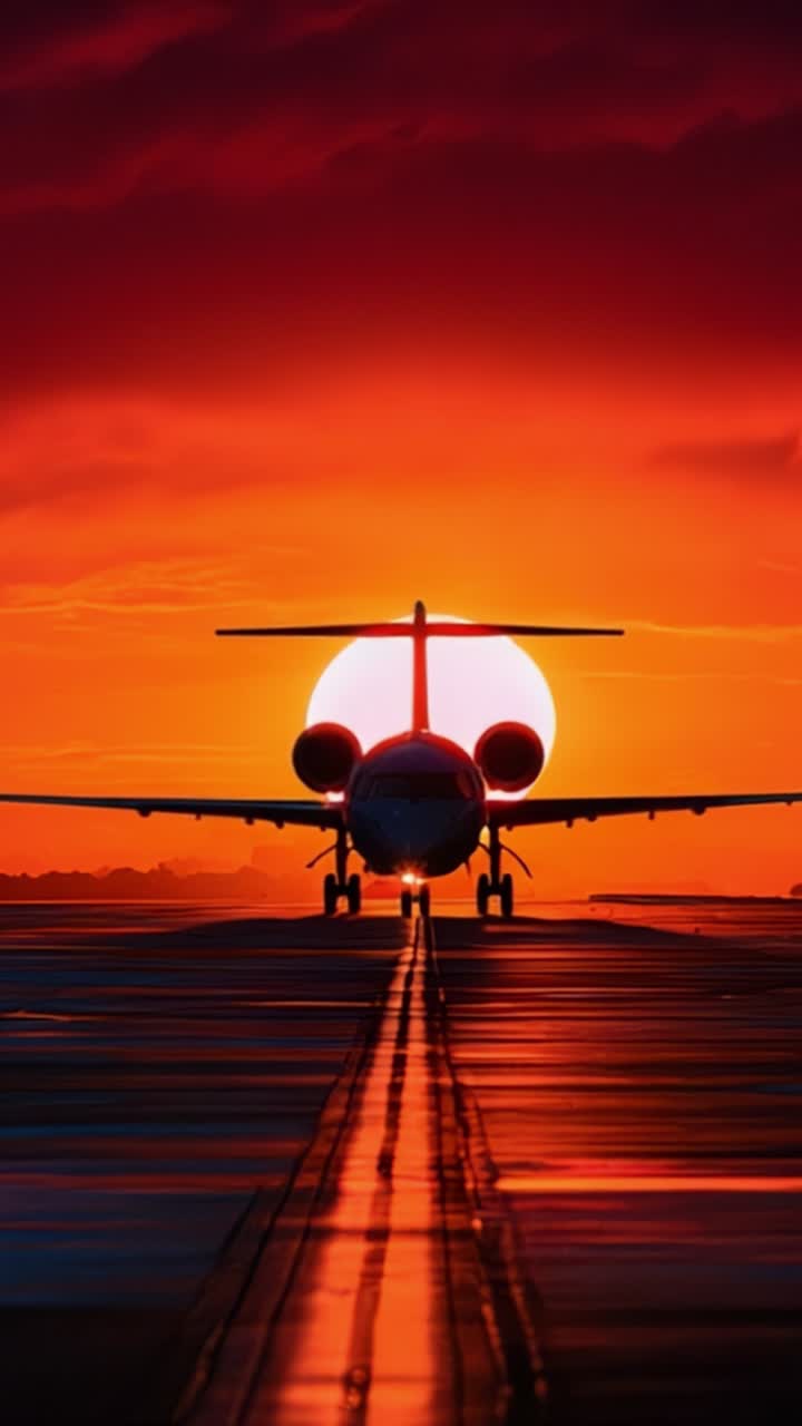 Un impresionante avión silueteado contra un atardecer impresionante, capturando la belleza de la aviación en un cielo vibrante y rayos reflejados en la pista del aeropuerto