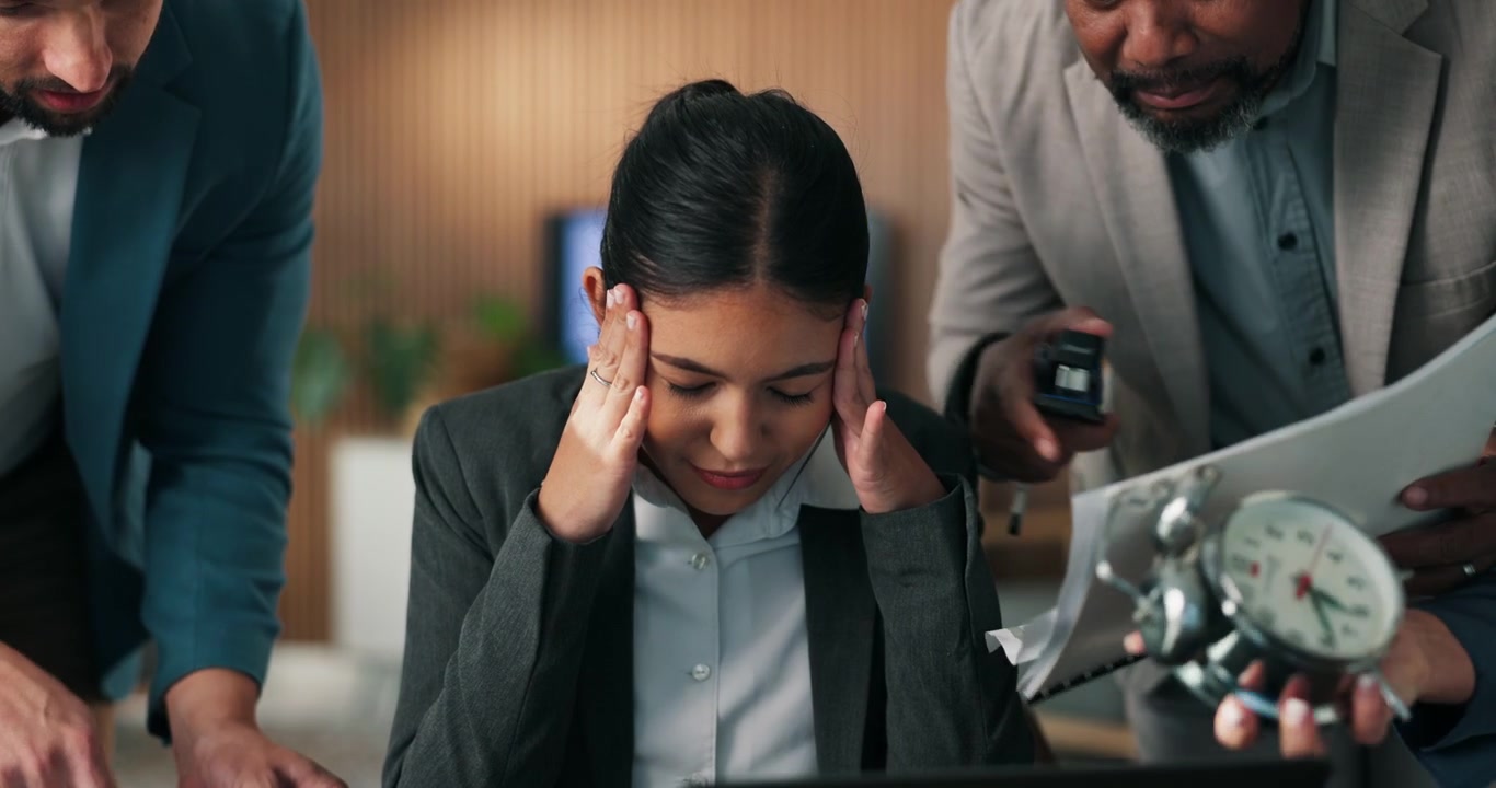 Stressed Businesswoman Overwhelmed by Demanding Colleagues in Office
