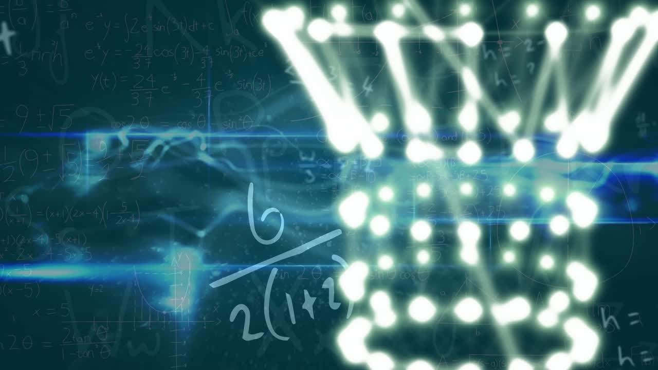 Animation of glowing abstract pattern and smoke over mathematical equation against green background
