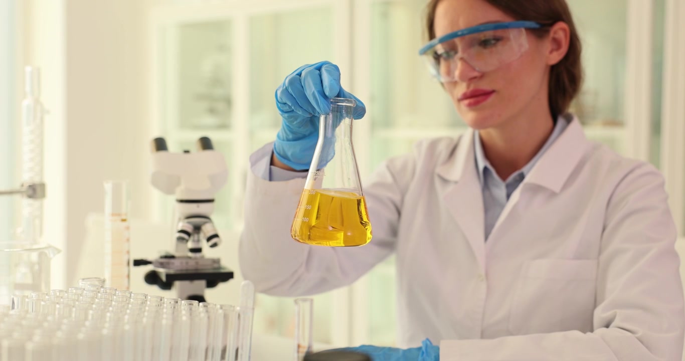 Woman lab technician rolls glass beaker to stir yellow liquid