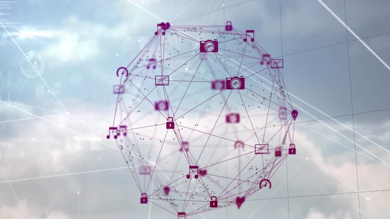 animación del globo de iconos digitales, red de conexiones y procesamiento de datos contra nubes