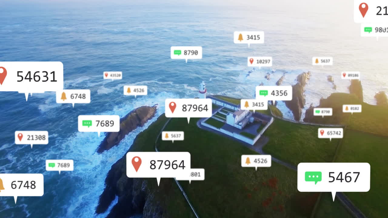 Lighthouse tower standing on grassy cliff projecting floating data markers across ocean expanse