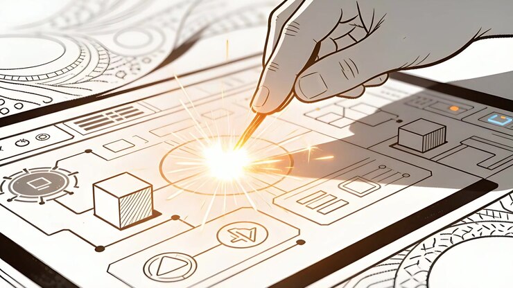 Touching lineart hand holding stylus activating central control on tablet, creating orange flare