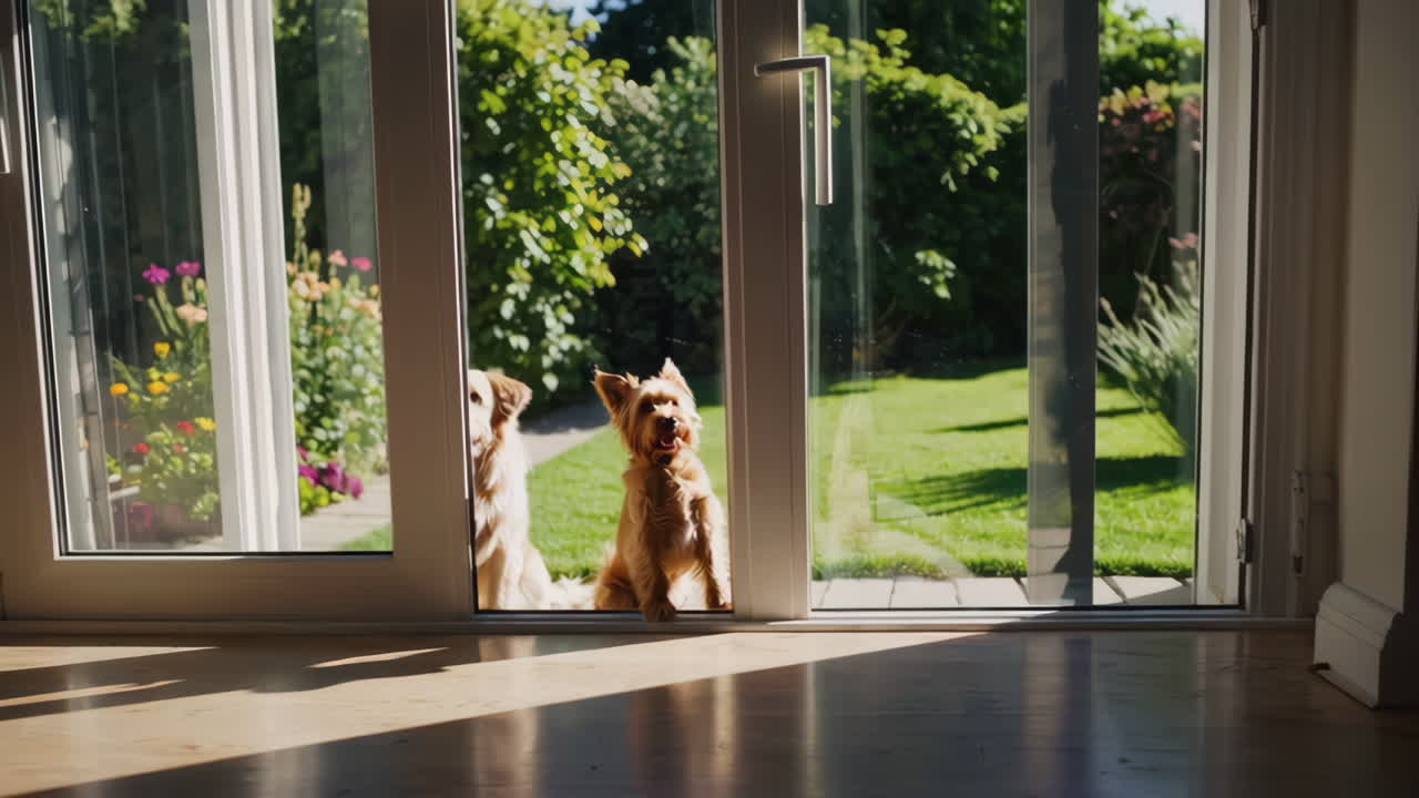 Two dogs looking out a glass door into a sunny garden