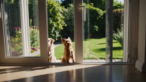 two dogs looking out a glass door into a sunny garden