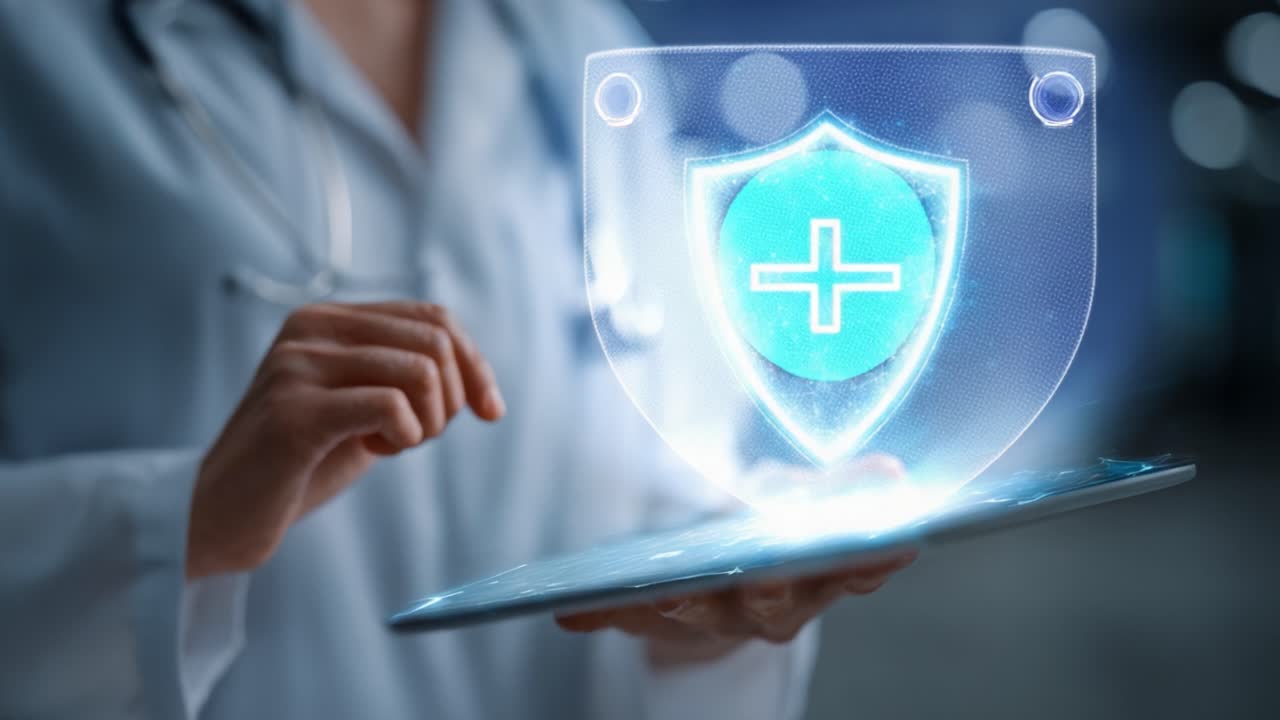 Un profesional de la salud con una interfaz de escudo de salud digital usando una tableta, representando la medicina moderna y la tecnología de protección del paciente.