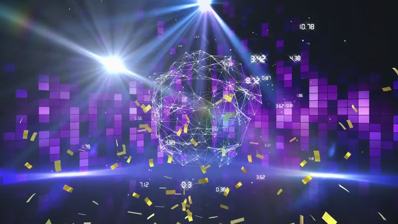 검은색 배경에 움직이는 기둥 위에 연결 네트워크와 콘페티의 애니메이션