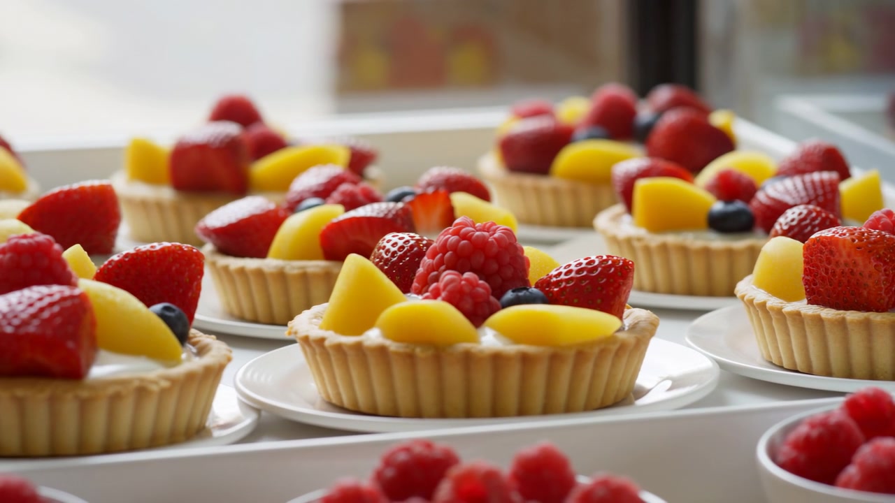 Tartellette assortite guarnite con fragole, lamponi, mirtilli e pezzi di mango sono disposte su piatti bianchi accanto a una finestra luminosa, con luce naturale soffusa.